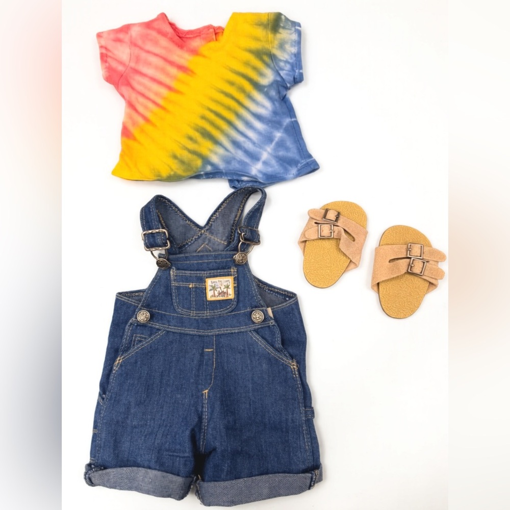 Pleasant Company Tie-Dye Shirt, Denim Overalls & Sandals Set 1996 VTG